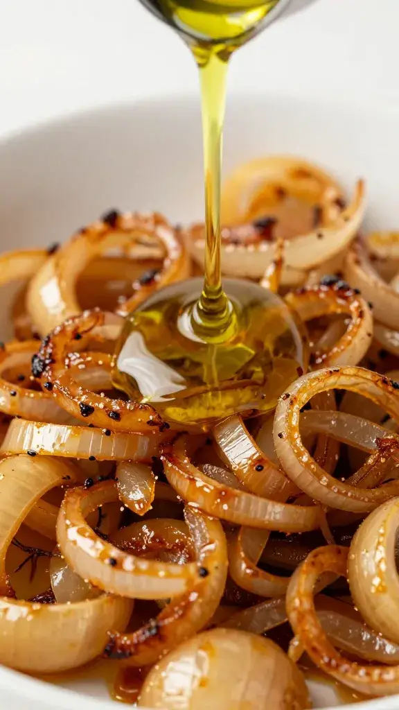 drizzle of olive oil on jammy caramelized onions, macro