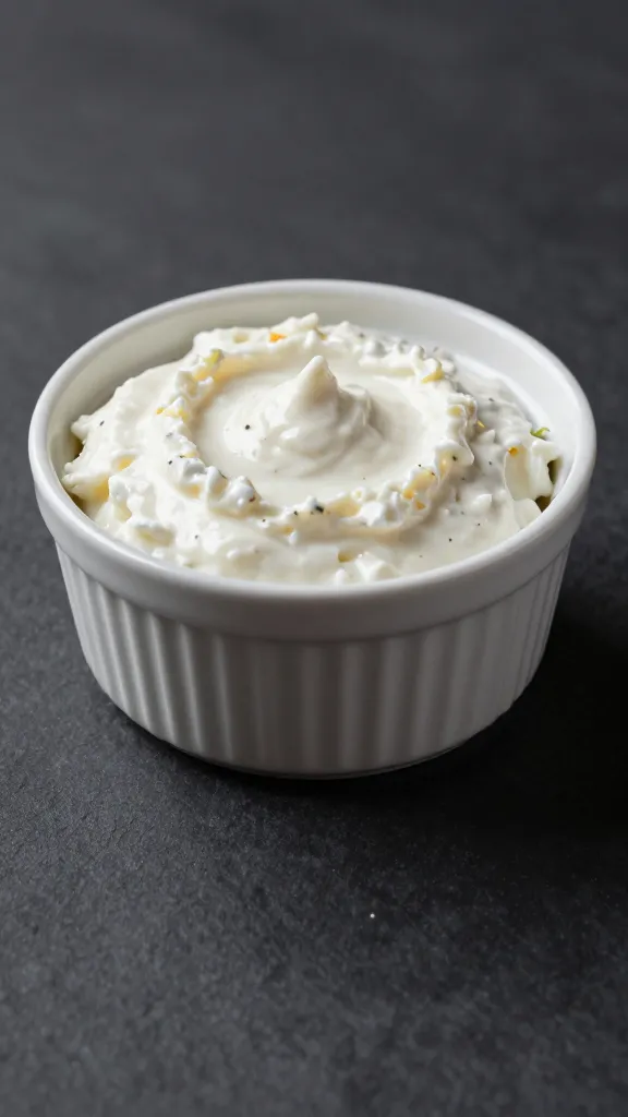 single ramekin of onion-kissed goat-cheese dip, studio lit