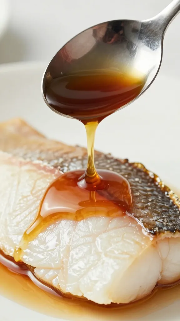 Closeup spoon drizzling brown butter over fish fillet