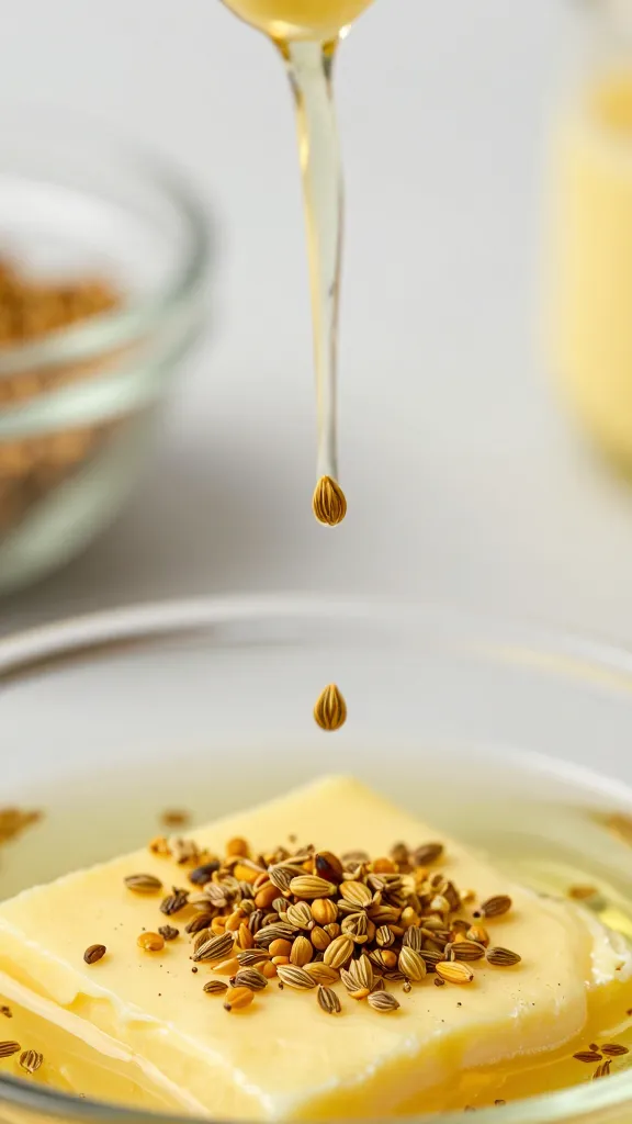Pinch of fennel pollen falling into sizzling butter