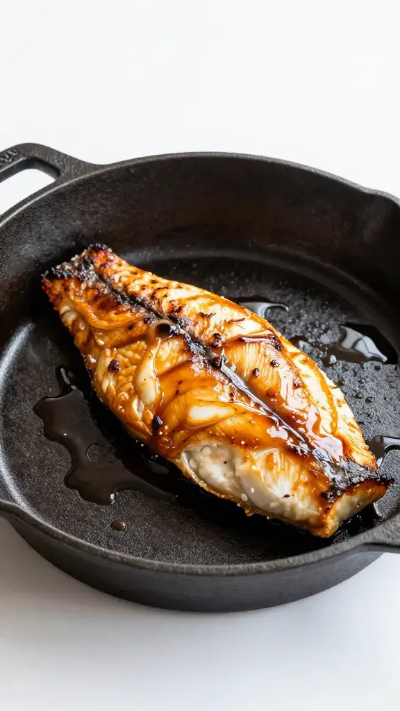 Cast-iron pan with single browned fish fillet, sauce gloss