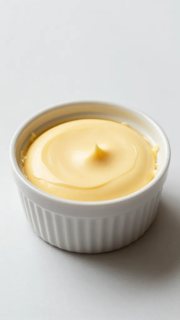 Small ramekin of golden brown butter, silky surface
