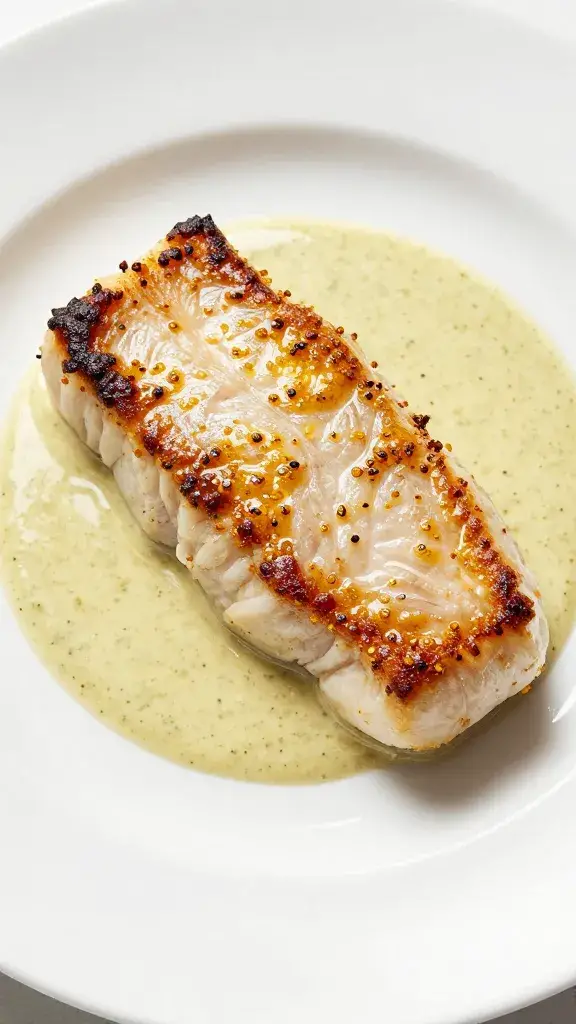 Single fillet on white plate, fennel pollen speckled sauce