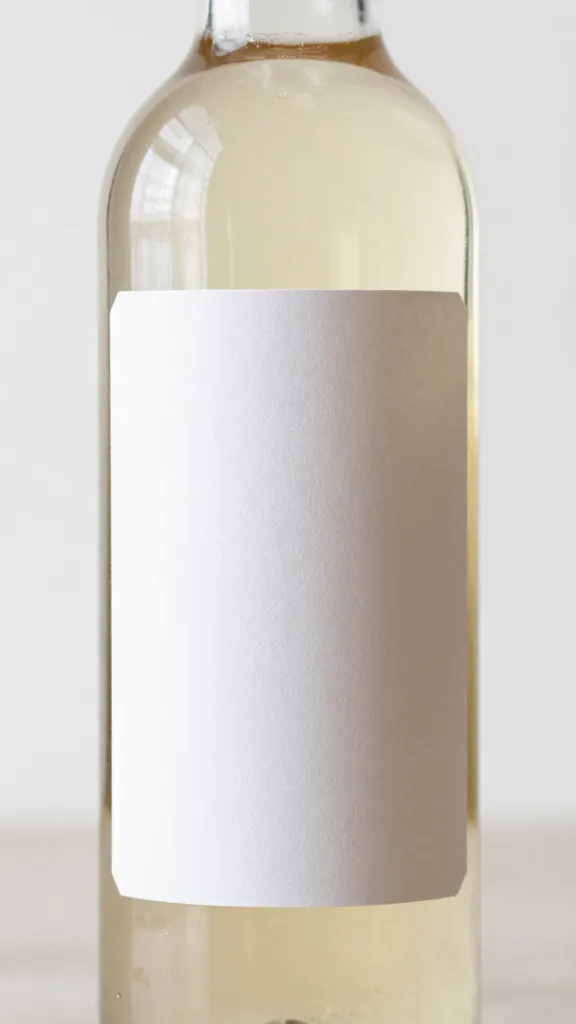 Glass bottle of white balsamic vinegar, label facing, closeup