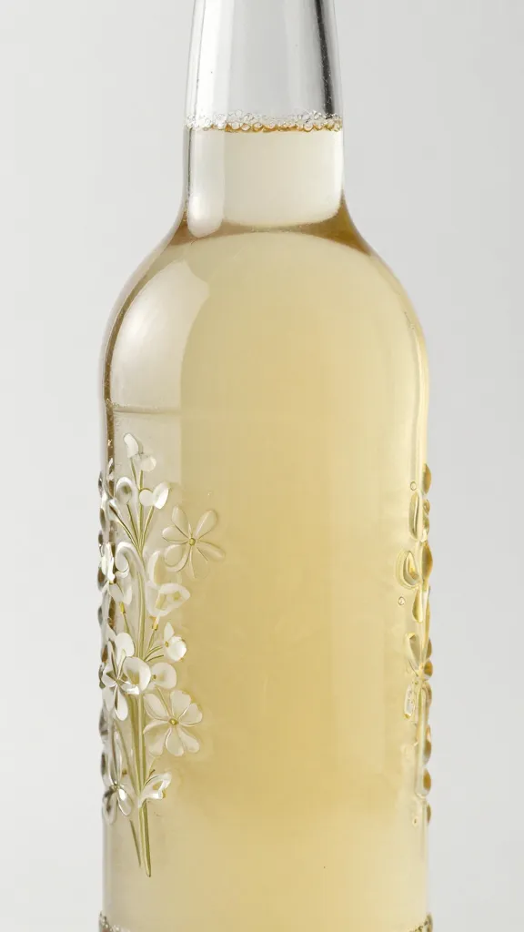 Elderflower cordial bottle, embossed glass, studio closeup