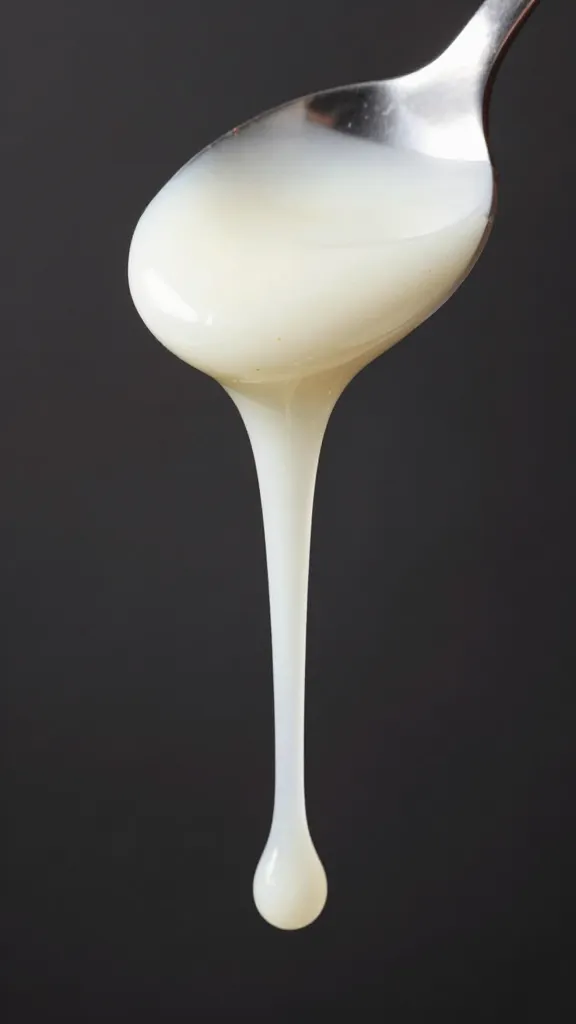 Dripping spoon of white balsamic elderflower dressing, macro