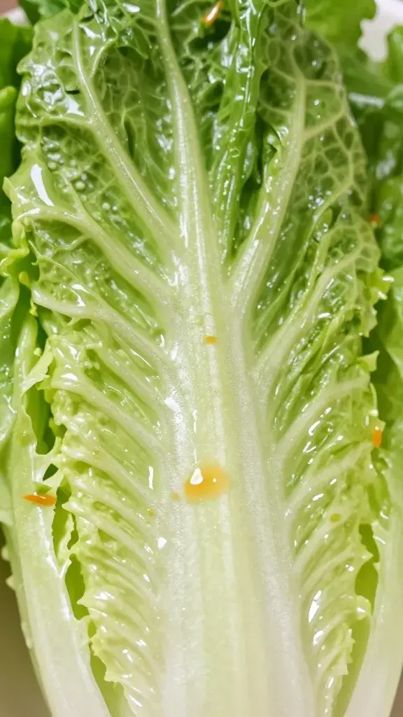 Single romaine leaf glossed with dressing, extreme closeup