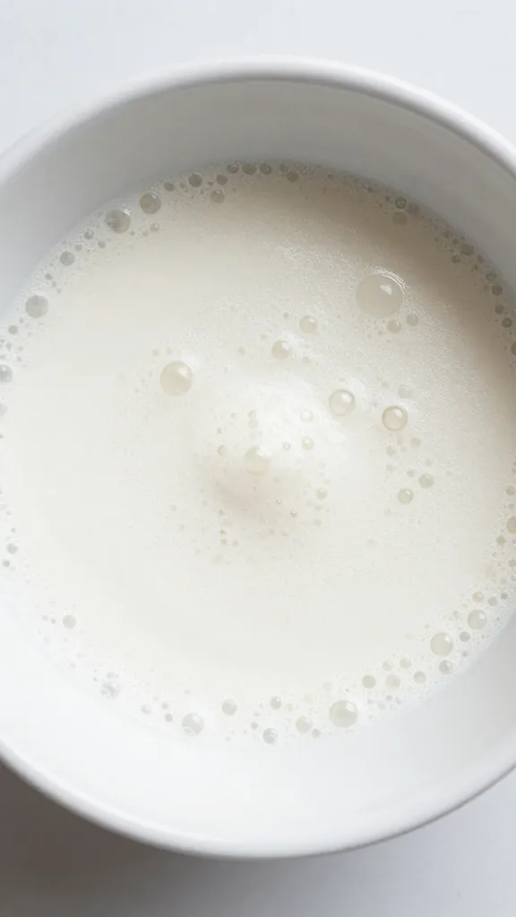 White ceramic ramekin of dressing with micro bubbles, top-down