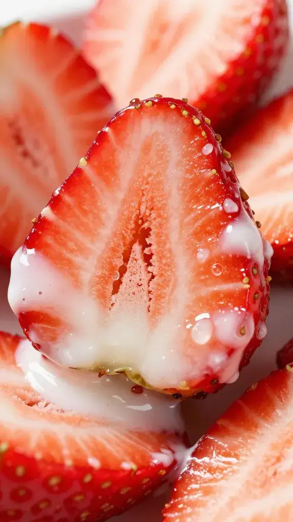 Sliced strawberry coated in dressing, macro detail