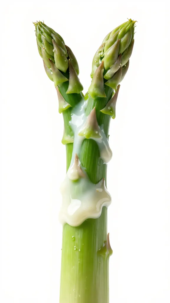Single asparagus spear glazed with dressing, studio closeup