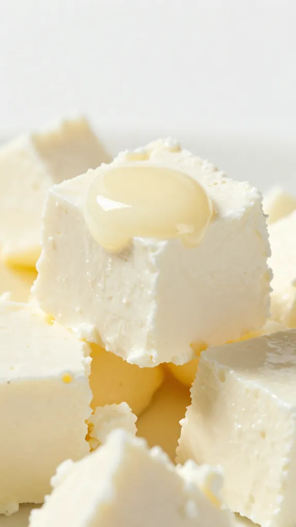 Crumbled feta cube with dressing droplet, macro shot