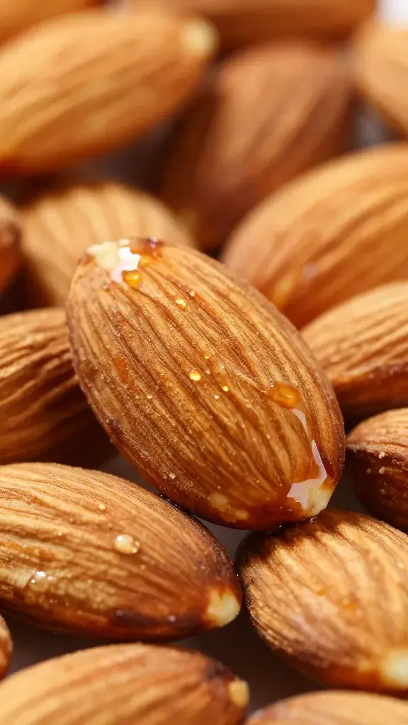 Toasted almond half glistening with dressing, extreme closeup