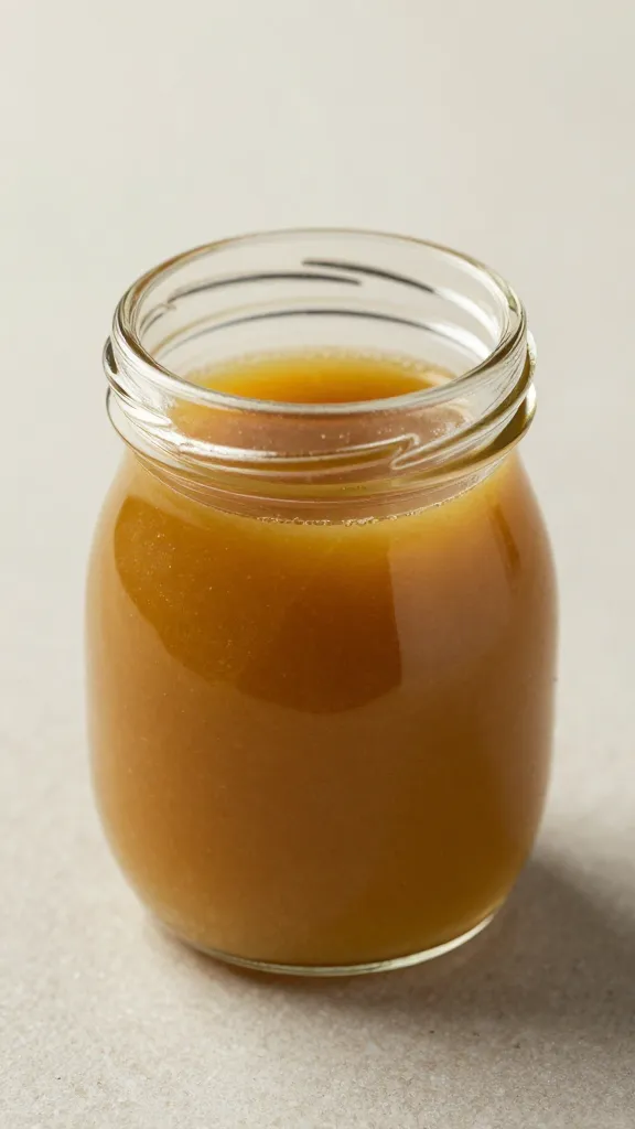 Small glass jar of dressing with golden hue, soft light