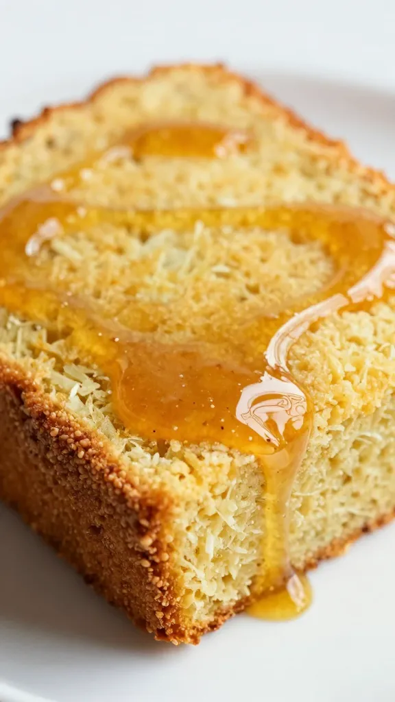 slice of cornbread brushed with hot-honey glaze, closeup