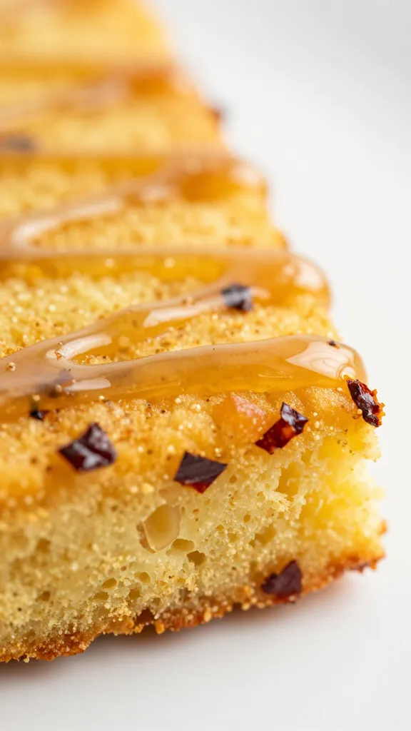 honey-drizzled cornbread edge with visible chili flakes, macro