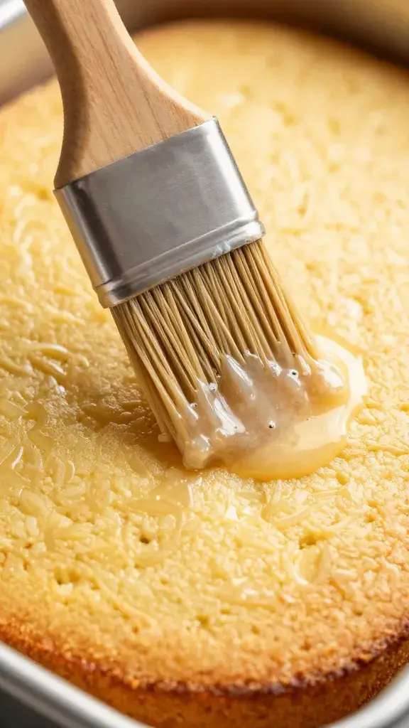 pastry brush glazing warm cornbread surface, tight shot