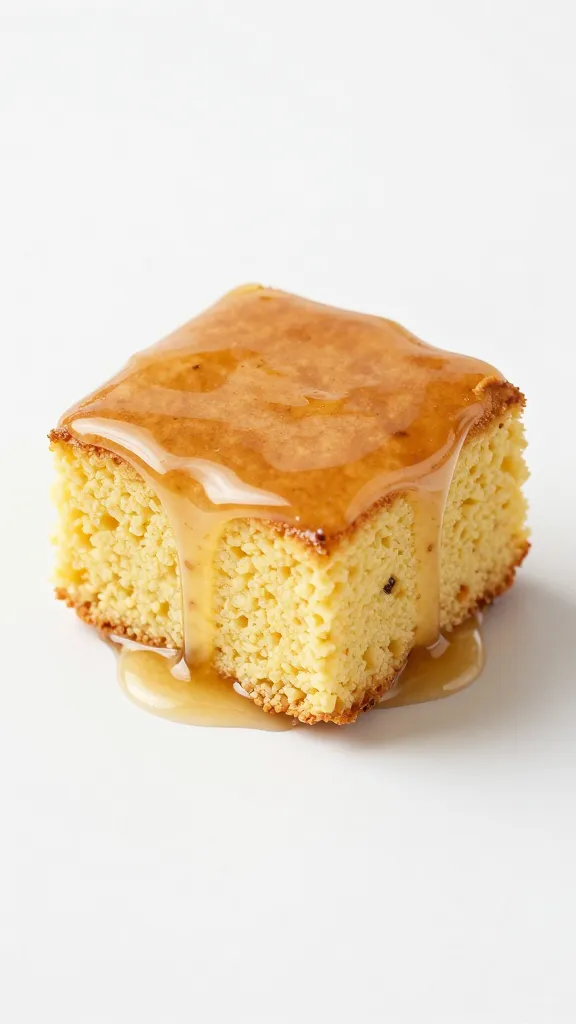 single cornbread square with sticky glaze drip, portrait
