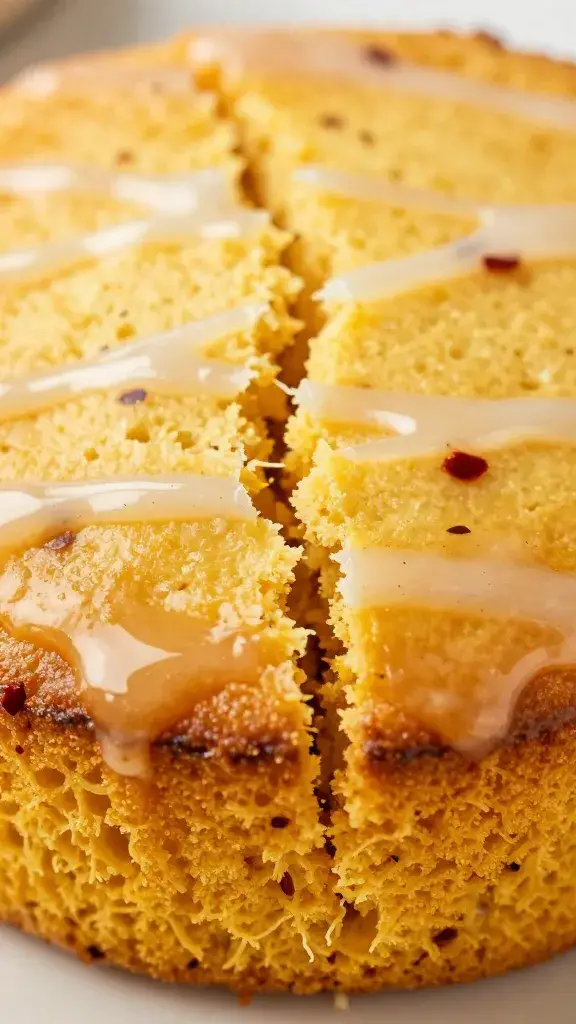 glaze-soaked cornbread crack with chili specks, extreme closeup