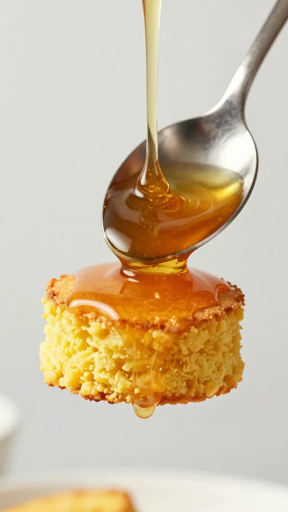 spoon hovering with hot-honey glaze over cornbread, closeup