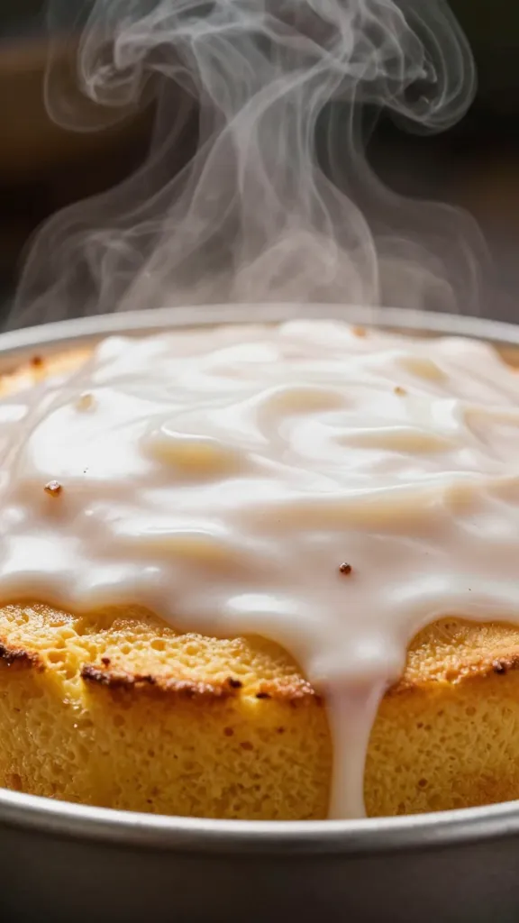 steam rising from freshly glazed cornbread top, tight frame