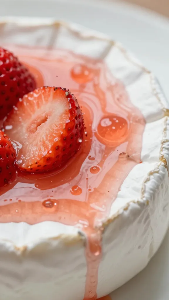 closeup drizzle of strawberry-rosé reduction over brie wedge