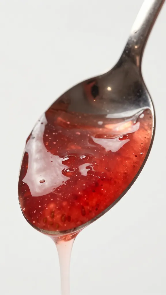 spoon coated in glossy strawberry-rosé reduction, macro shot