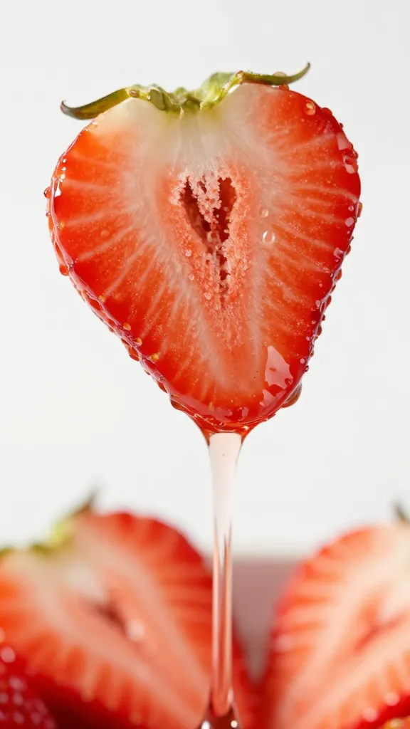 sliced fresh strawberry dipped in rosé reduction, macro