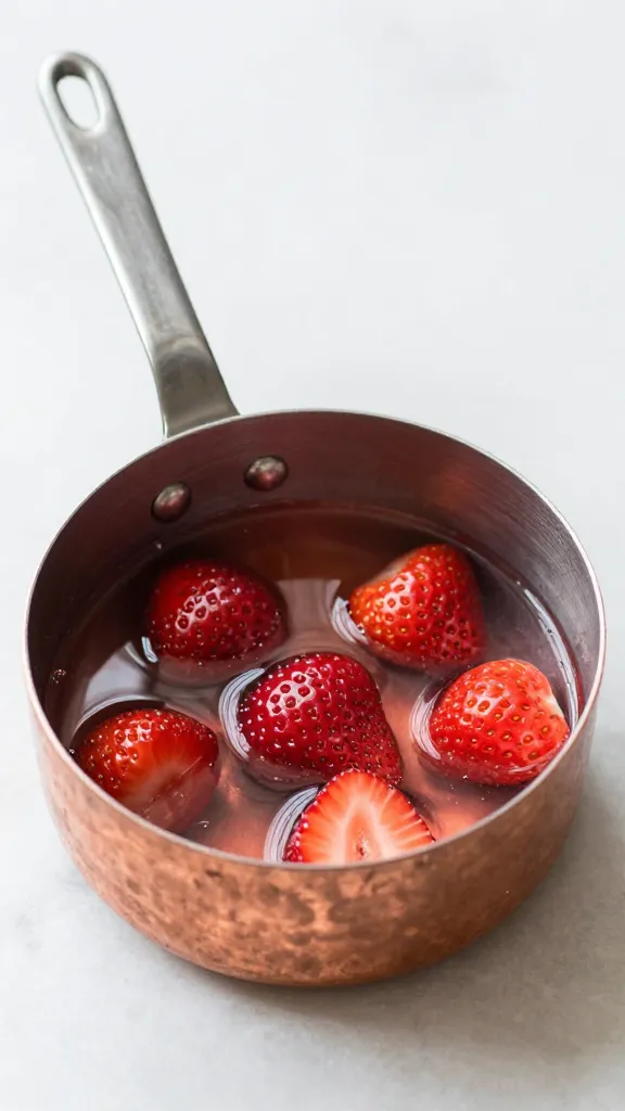 small copper saucepan with simmering strawberry-rosé reduction