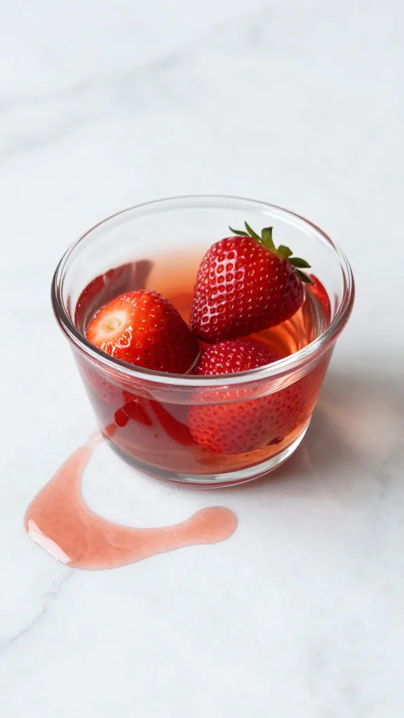 glass ramekin of ruby strawberry-rosé drizzle on marble