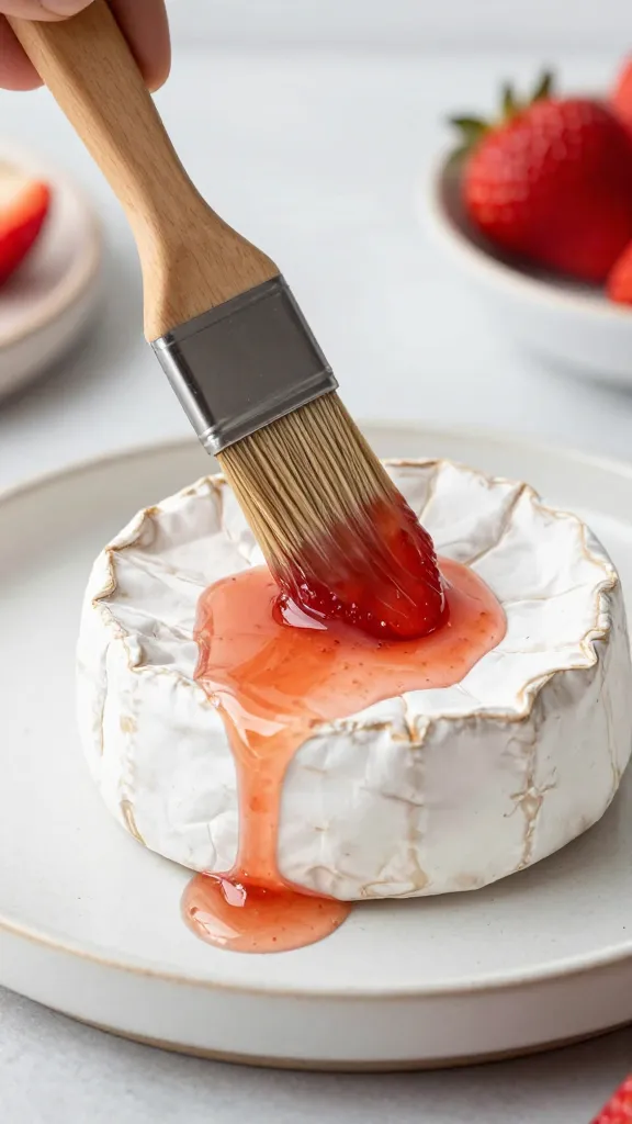 pastry brush glazing camembert with strawberry-rosé reduction