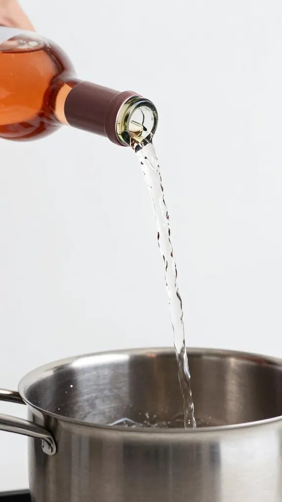 bottle of rosé wine pouring into saucepan, tight frame