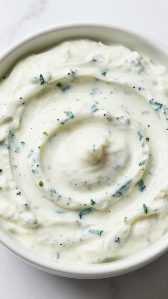 closeup bowl of cucumber-dill tzatziki on white marble