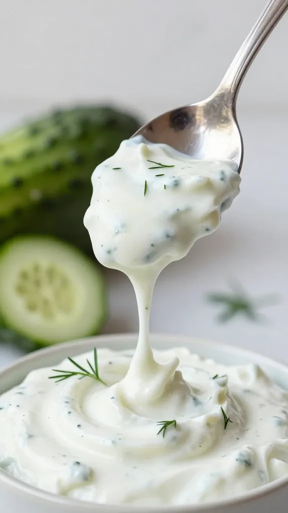 spoonful of cucumber-dill tzatziki dripping from silver spoon
