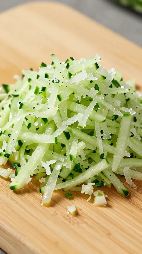 grated cucumber mound on wooden board, moisture glistening