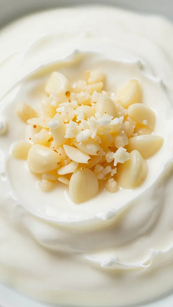 minced garlic clove closeup beside yogurt smear