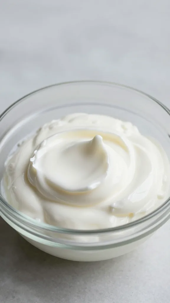 thick Greek yogurt dollop in glass bowl, soft light