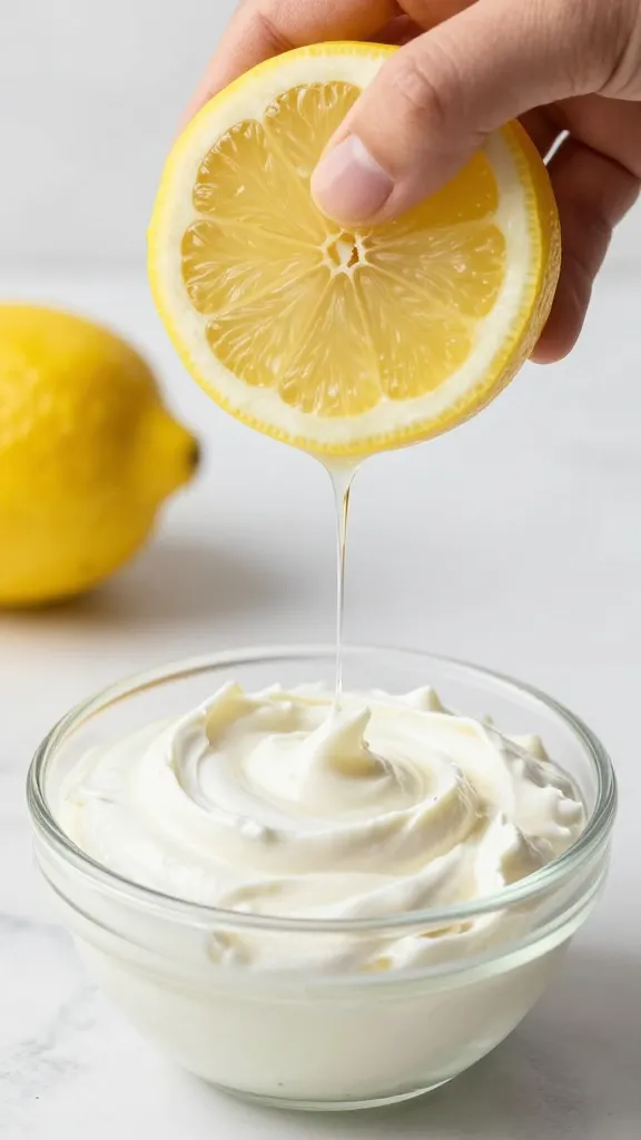lemon half squeezed over tzatziki, single drip captured