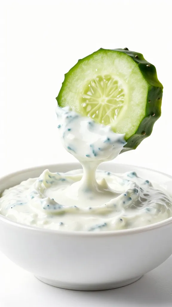 cucumber slice dipped halfway into tzatziki, studio light