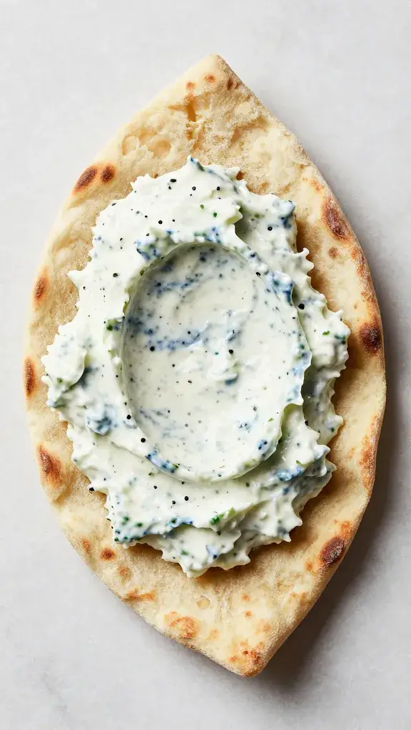pita wedge topped with tzatziki, tight overhead
