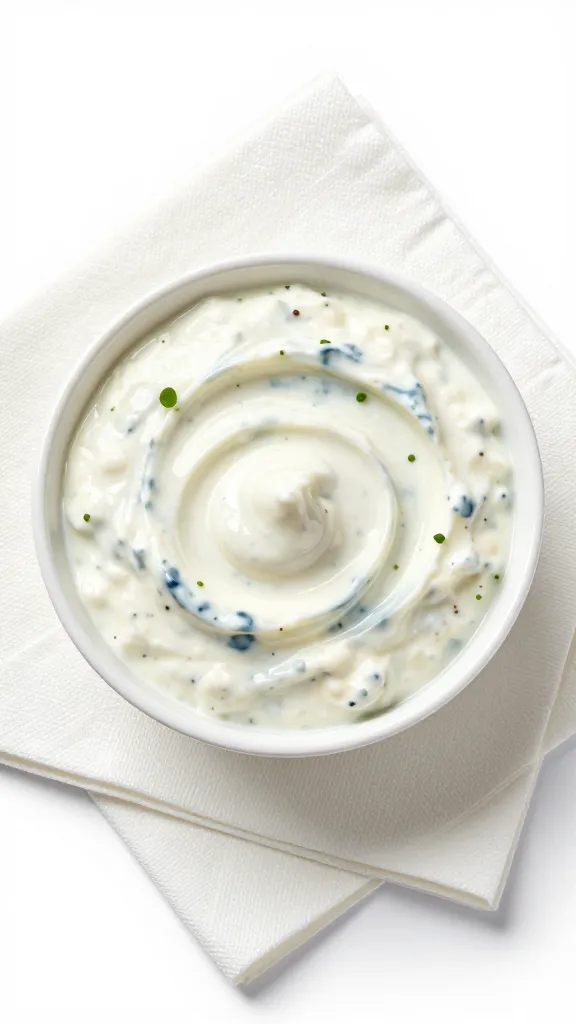 Easter picnic napkin with tzatziki bowl centered, shallow depth