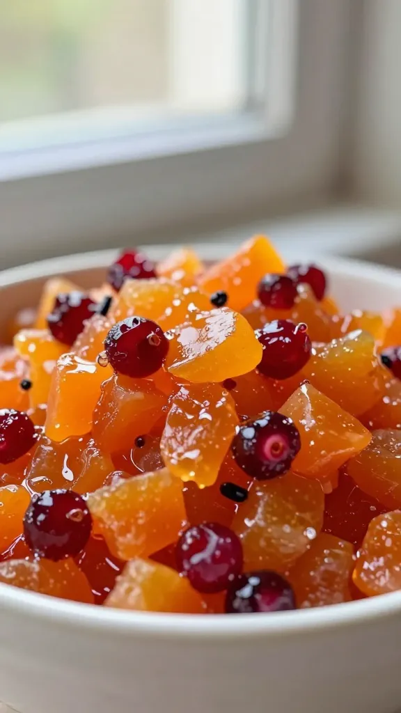 closeup bowl of candy-orange cranberry relish, soft window light