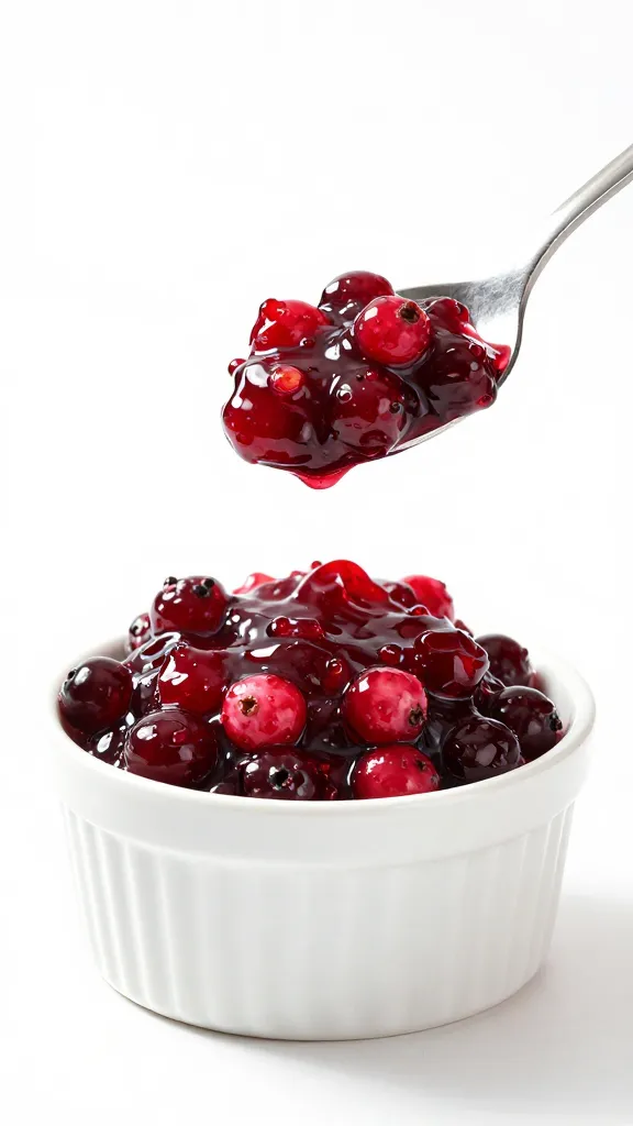 spoonful of cranberry relish hovering above white ramekin