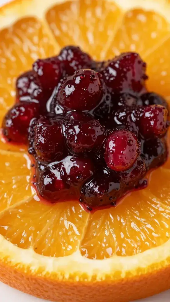 macro shot of candied orange peel atop cranberry relish