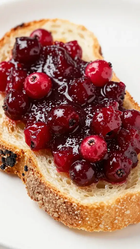 cranberry relish smeared on toasted sourdough slice, closeup
