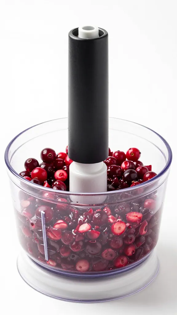 food processor bowl filled with freshly chopped cranberry relish