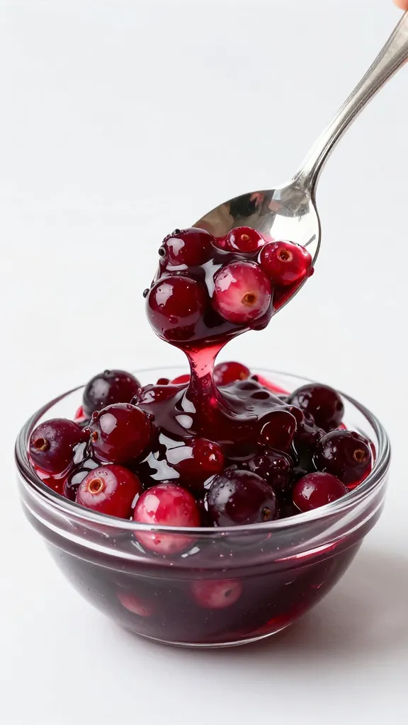 silver spoon dipped in glossy cranberry relish, studio light