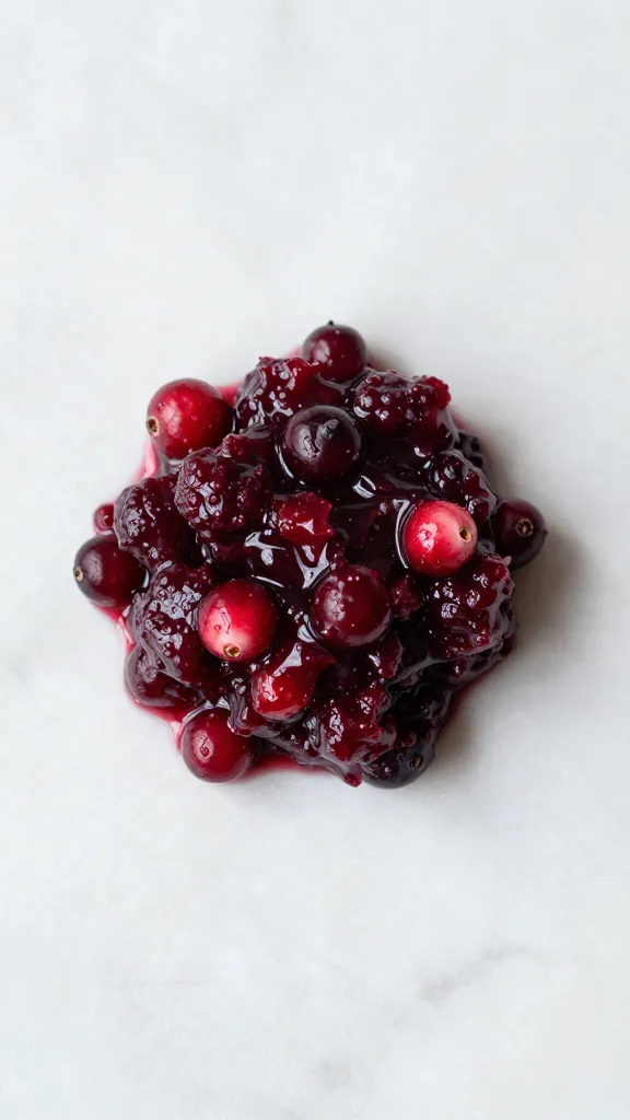 dollop of cranberry relish on marble surface, overhead shot