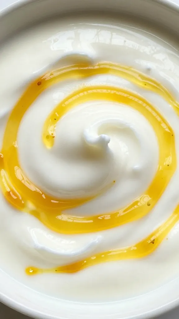 closeup bowl of saffron yogurt coulis, golden swirl