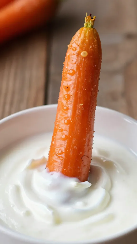 single roasted carrot fry dipped in saffron yogurt