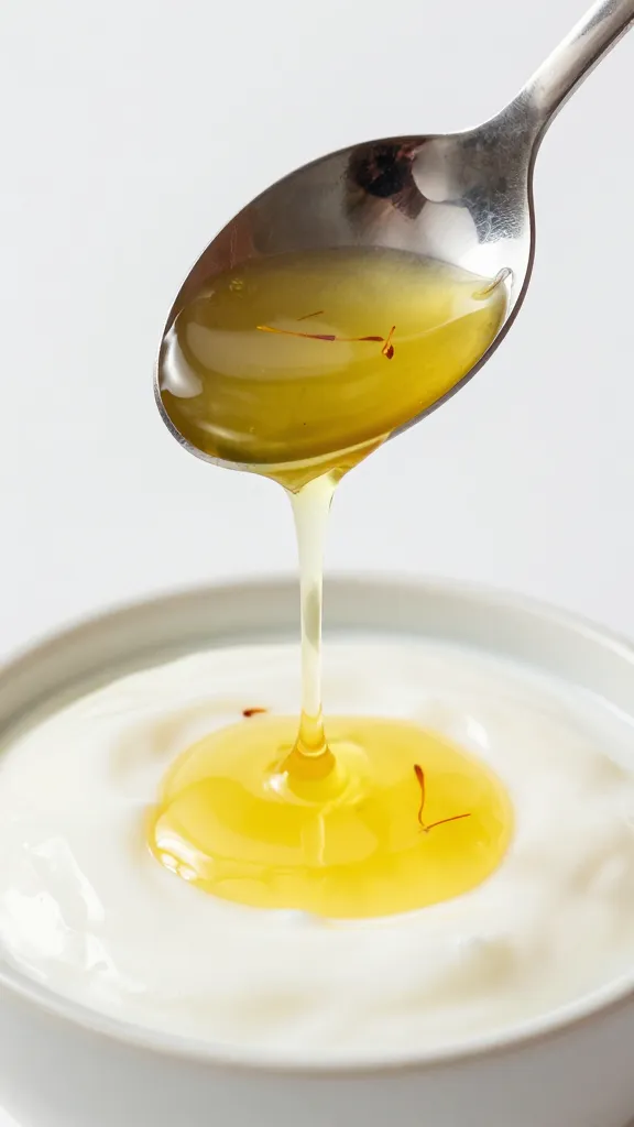 spoon dripping saffron yogurt coulis, macro shot